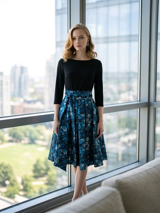 Adrianna Papell Dresses & Skirts - Adrianna Papell Dress Black with Blue Floral Fit-and-Flare Skirt